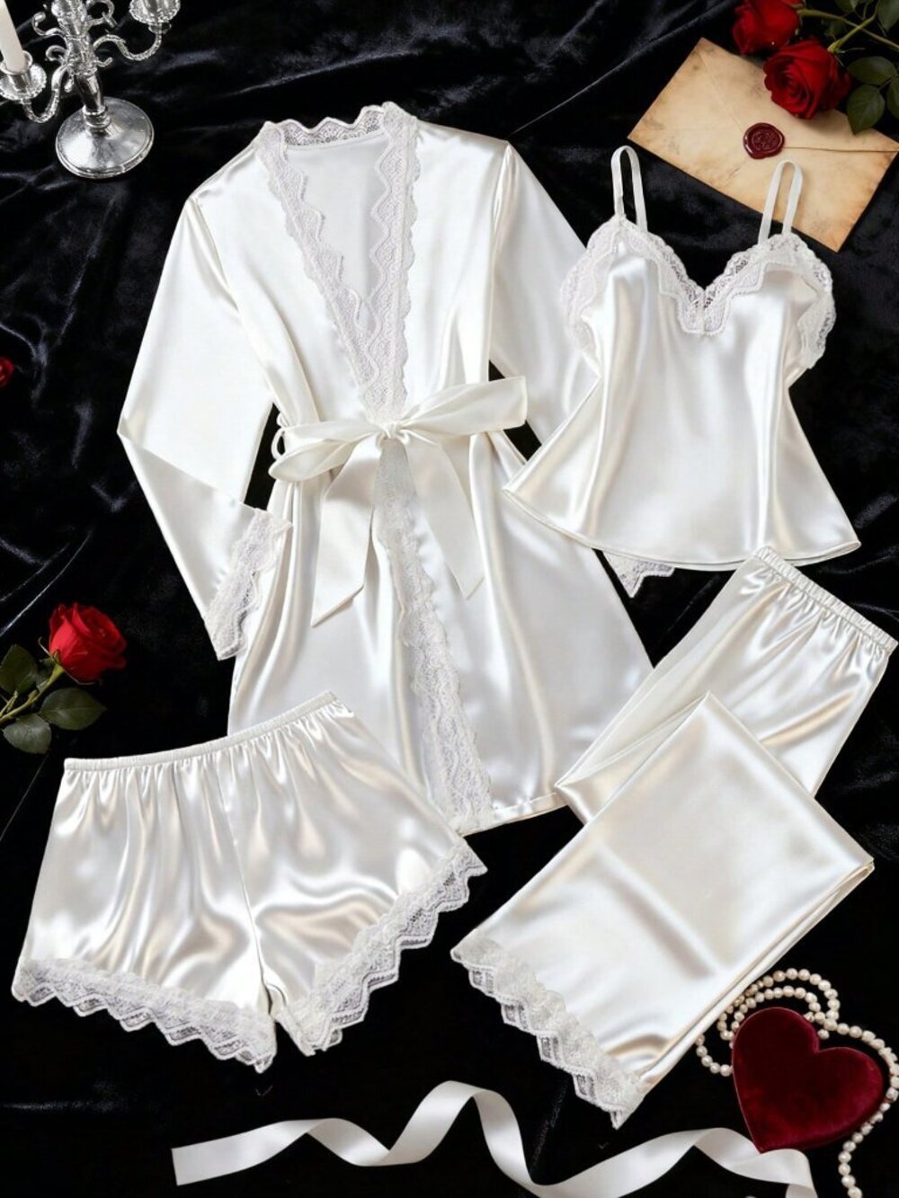 White Romantic Women's Satin & Lace detailed 4 piece Pajama Set